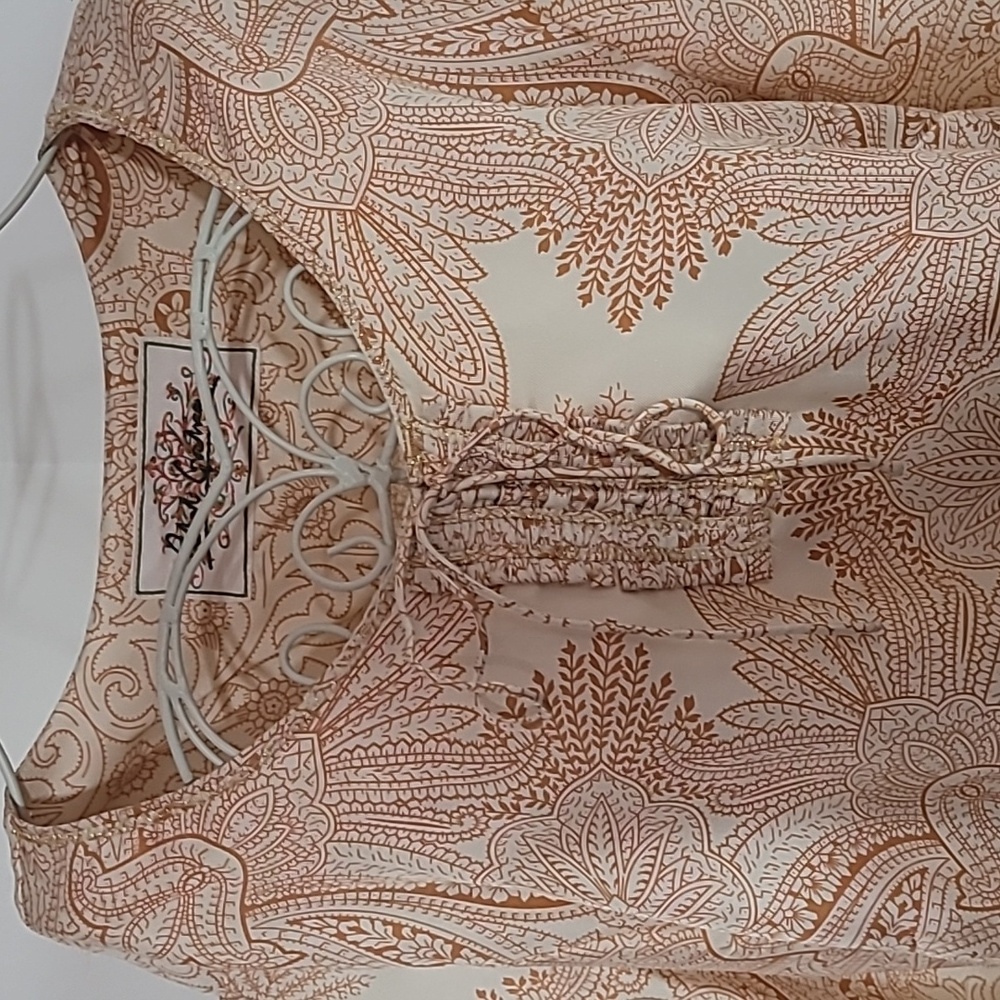 Robert Graham Embroidered Tunic Blouse Top Mustard Orange Gold 100% Silk - Picture 2 of 7